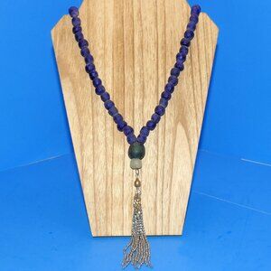 Jonesy Wood Designer Necklace Blue Beach Glass Style Beads Beaded Tassel Rare